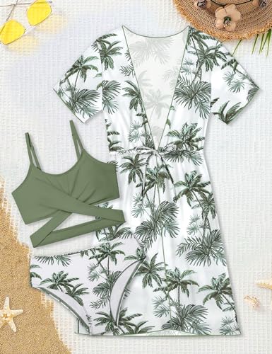 Girls Swimsuit 3 Piece Tropical Print Bikini Set Criss Cross Bathing Suit with Drawstring Quick Dry Cover Up 7-16Y4