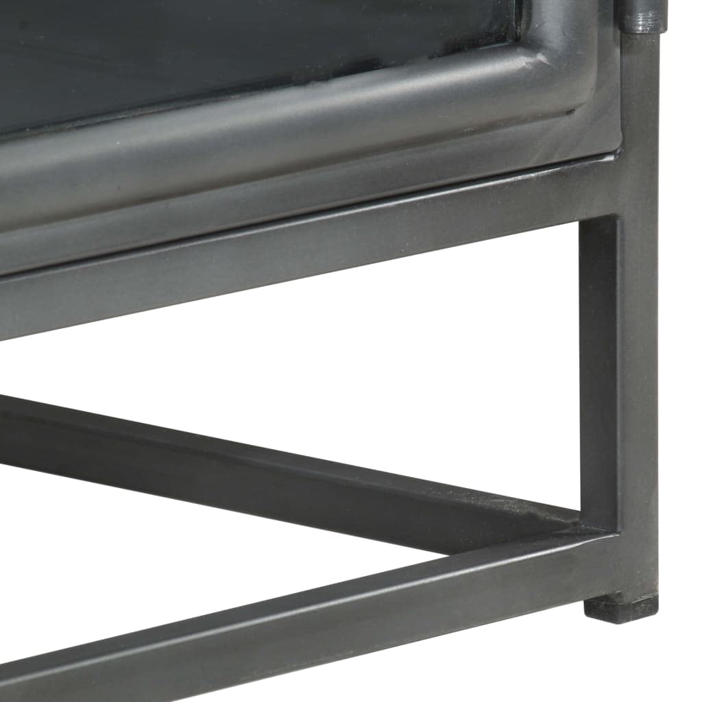 Table Basse Gris 90x50x35 cm en Bois d'acacia Massif avec Rangement tiroir et Porte en Verre pour Salon, séjour ou Bureau, Design Industriel scandinave, Pied en Acier Robuste