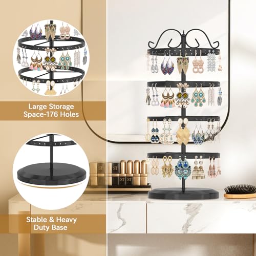 Image of MODOWEY 4 Tiers Metal Rotating Earring Holder Organizer Stand Adjustable Display Tree, 176 Holes Large Carousel Rack for Stud Hoop Pierced Dangling Women, Idear View for All Earrings, Black