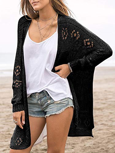 Misassy Womens Open Front Knit Sheer Cardigans Summer Boho Lightweight Long Sleeve Kimono Long Sweater Black #TOP1