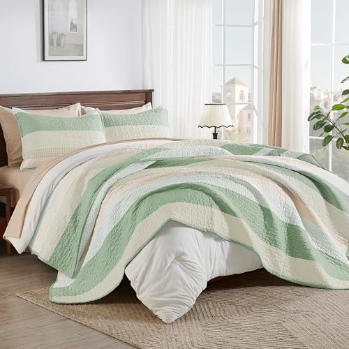 Image of Andency Queen Quilt Bedding Set Mint Pink, 3 Pieces Patchwork Summer Striped Ultra Soft Lightweight Bedspreads, Coverlets Set with 2 Pillow Shams for All Seasons (90 inchx96 inch)