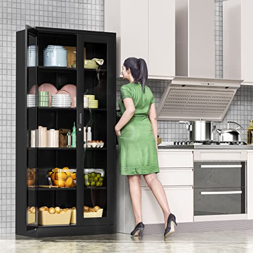 Lissimo Tall Bookcase Storage Cabinet With Tempered Glass Door,Metal Display Cabinet With 4 Adjustable Shelves,5-Tier Curio Cabinet For Home, Study, Living Room And Office (Black) #TOP3