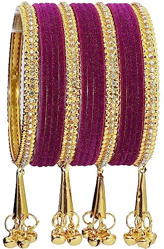 Image of NMII Metal with Zircon Gemstone and Velvet Studded Bells Latkan Bangles Set For Girls and Women I Latkan Bangles, Premium Bangle Bracelet Set I Pack of 16 Bangles