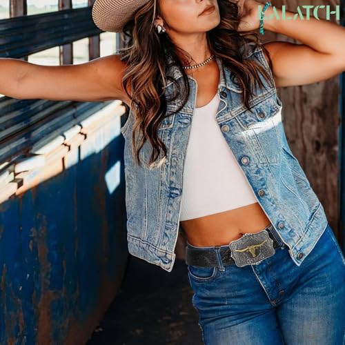 Image of Cowboy Cowgirl Belt Western Belts for Men Women Floral Engraved Longhorn Bull Buckle Belt for Jeans