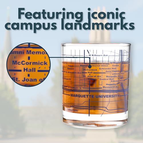 Image of Greenline Goods - University of Marquette Golden Eagles College Whiskey Glasses (Set of 2), 10 oz - Full-Color Logo + Campus Map