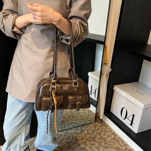 Leather Retro Shoulder Bag for Women with Pendant Casual Purse Tote Handbag Zipper Closure Shoulder Tote Handbag Trendy Purse4