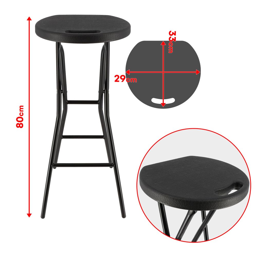 Tabourets haut pliant X2 - Hauteur 80cm - Tabouret de bar pliant - Tabouret mange debout - Siège résine Structure Acier - Noir
