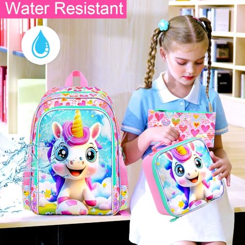 Image of 3Pcs Unicorn Backpack for Girls, 16 inch Soccer School Bookbag Set with Lunch Box,Kids Backpacks for Elementary Preschool Kindergarten (Pink)
