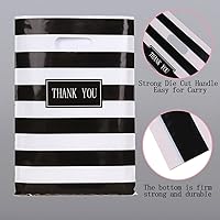 Vista 5 de 100 bolsas grandes de plástico troqueladas con asa de 16 x 18 pulgadas, diseño de rayas blancas y negras, para compras, boutiques, fiestas