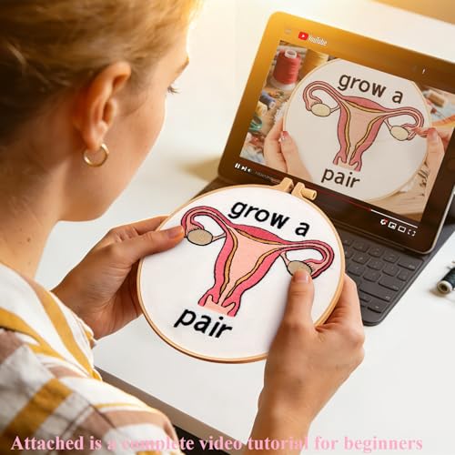 Image of Hand Embroidery Kits for Beginners Adults, Grow a Pair Uterus Embroidery DIY Kit, Stamped Cross Stitch Kits for Beginners Adult Craft Kits for Women, Entire Set of Embroidery Supplies & Video Tutorial