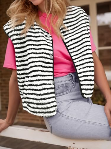 Fisoew Womens Fuzzy Fleece Vest Striped Sleeveless Winter Jackets Button Down Sherpa Vest Outwear With Pockets2