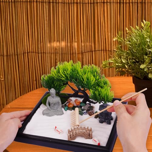 Mini jardim zen para mesa – decoração japonesa de 20 x 18 cm, jardim de rochas, 15 itens – presentes