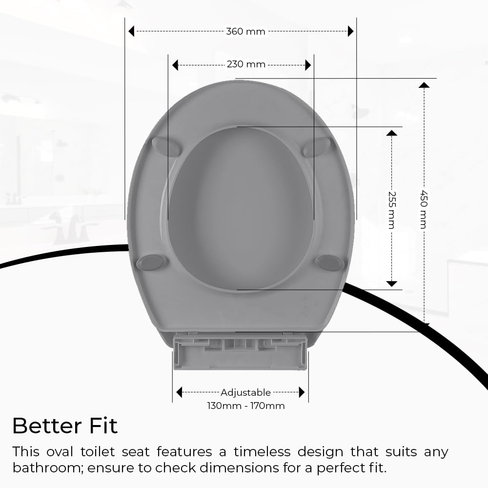 ARVO Soft Close Toilet Seat - Fits Most Standard Pans, Adjustable Bottom Hinges - Value Range Oval Light Weight Toilet Seat - Grey - Image 3