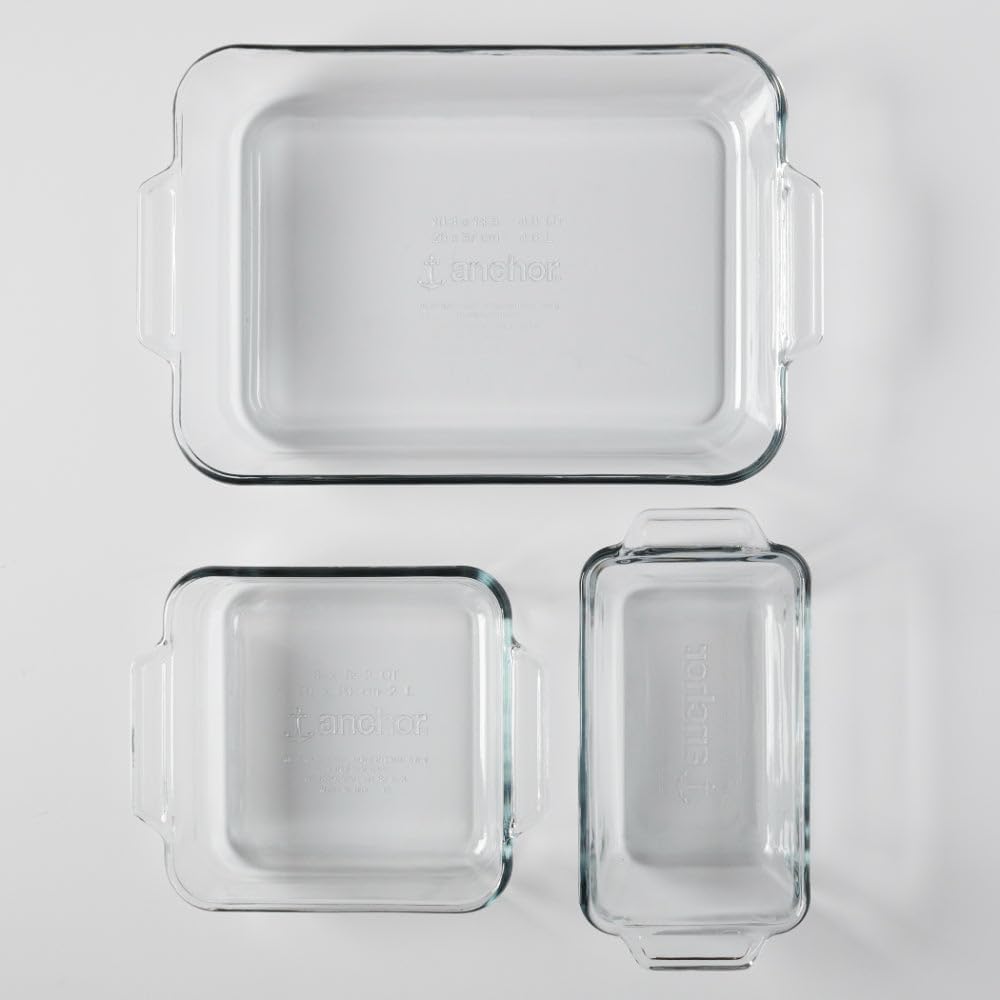 Anchor Hocking Glass Baking Dishes for Oven, 3 Piece Set (3 Qt Glass Casserole Dish, Cake Pan, and Bread Pan)