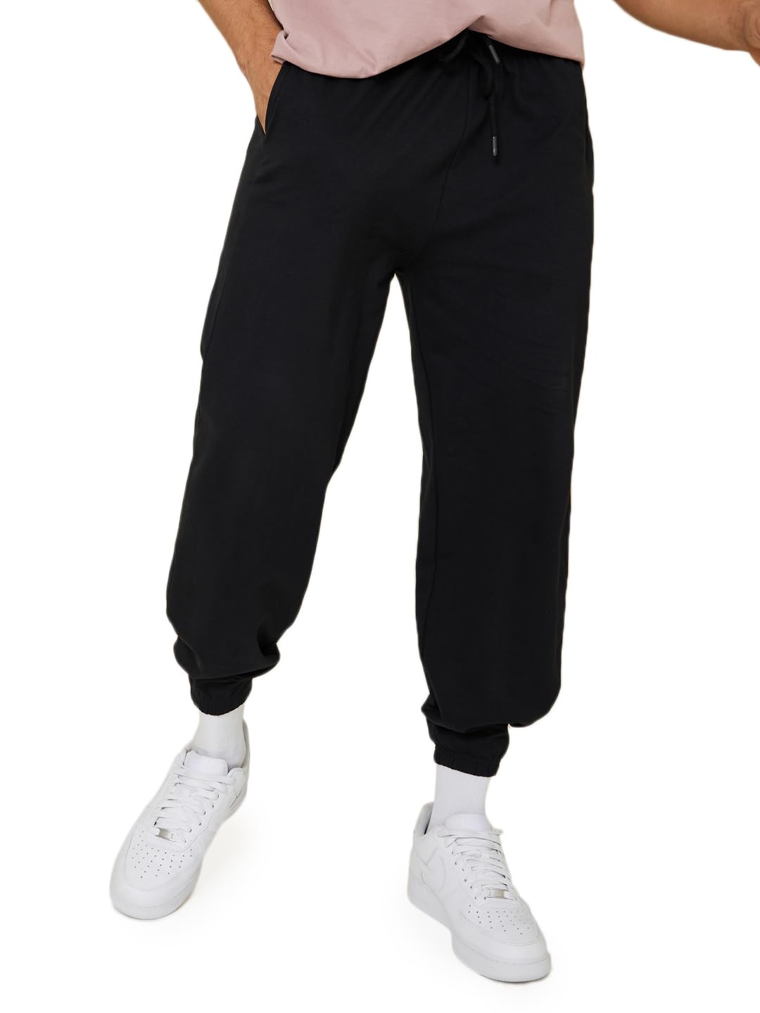 StyliMen Relaxed Fit French Terry Cotton Joggers – Solid Mid-Rise Design with Elasticated Hem, Drawstring Waistband, Two Pockets Casual Comfortable Jogger for Men Black