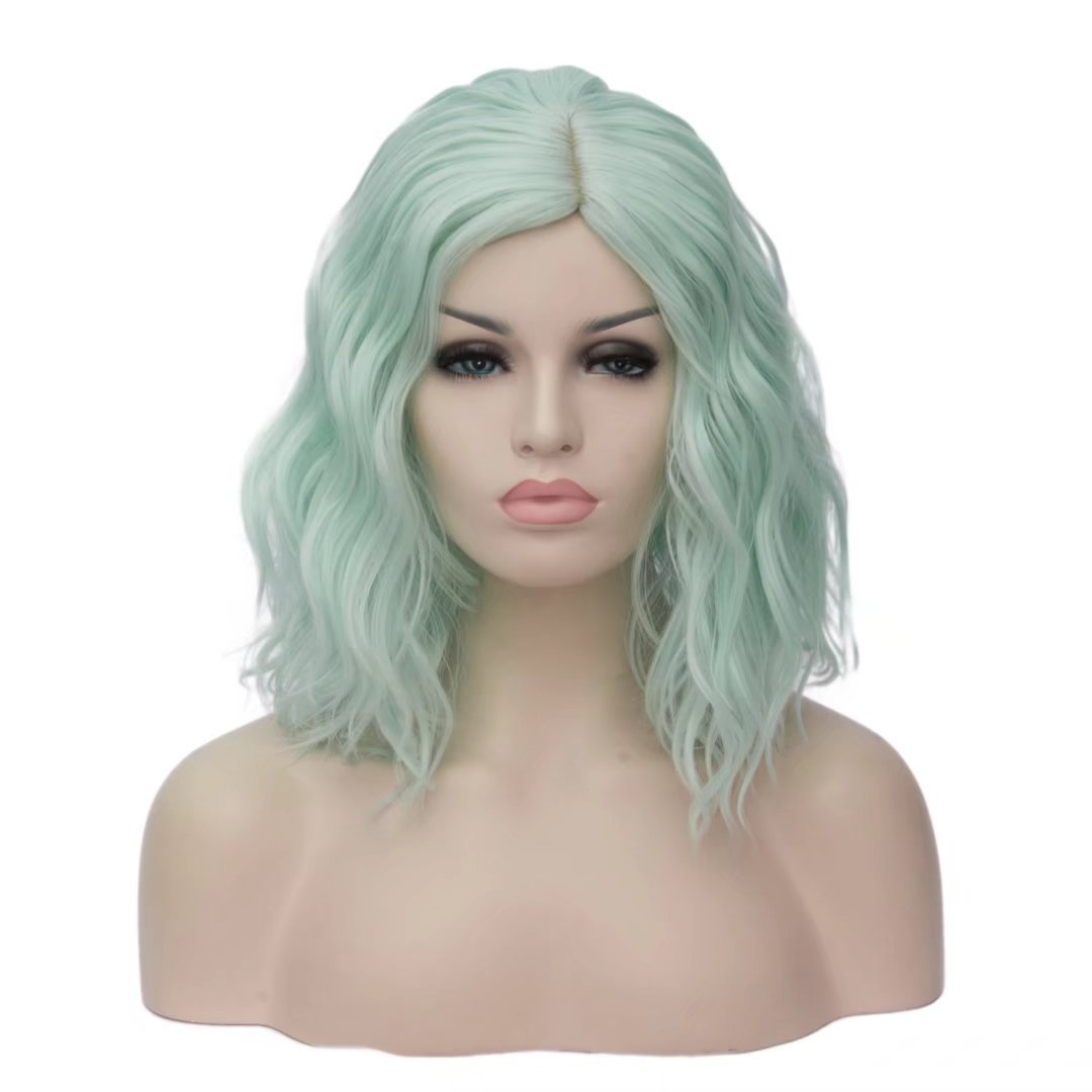 BUFASHION 14" Women Short Light Pink Kinky Straight Cosplay Synthetic Wigs With Air Bangs 46 Colors Available (Mint Green)