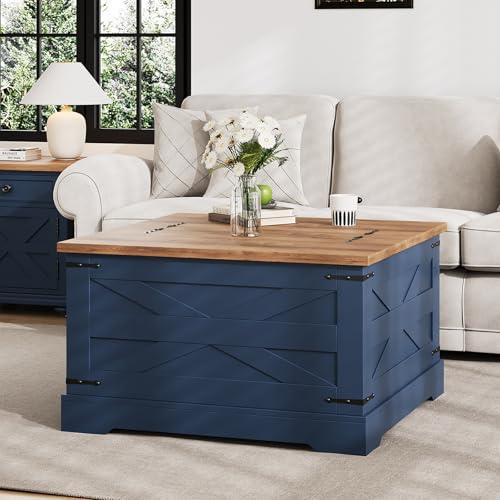 BestHaped Farmhouse Coffee Table with Hidden Storage, Navy Blue Square