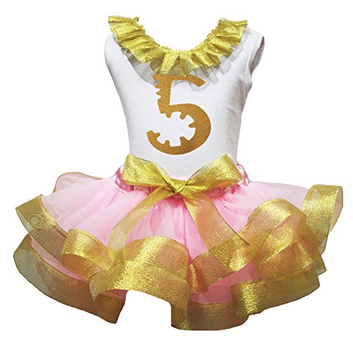 Image of Petitebella Bling Gold 1 to 6 White Shirt Pink Gold Petal Skirt Outfit