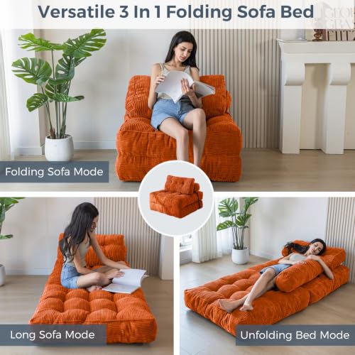 Image of MAXYOYO Folding Sofa Bed, Convertible Chair Bed with Pillow | Foldable Couch with Back Support, Portable Fold Out Chair Comfy Floor Sofa for Living Room Bedroom, New Orange, Single