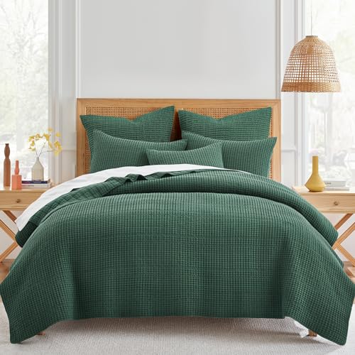 Image of Levtex Home Mills Waffle King /Cal King Quilt Set (106x92in) with 2 Pillow Shams (36x20in) - Forest Green - 100% Cotton King Size Quilt Bedding Set - Lightweight, Soft, Pre-Washed