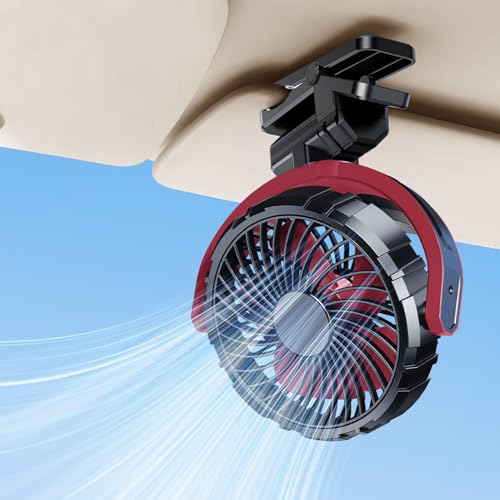 NIFBANG Car Fan Clip on Sun Visor Fan,5V USB Rechargeable 2000mAh Battery Powered Portable Small Fans,360°Rotatable Car Fans That Blow Bold Air,Cooling Ac for Car for Stroller,Vehicle,Golf Cart(Red)