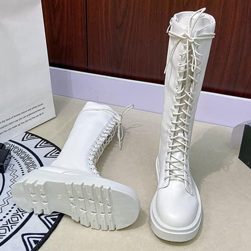 HINDOLA Women's Knee High Boots Winter Lace up Zipper Mid Calf Military Boots Leather Riding Combat Boots4