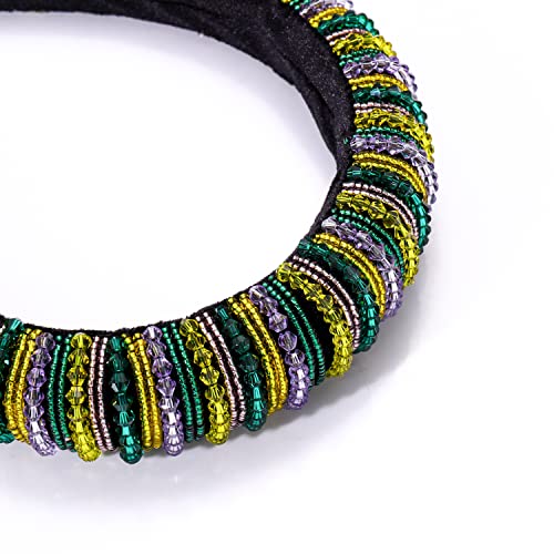Vokone Mardi Gras Beaded Headband Bejewelled Crystal Bead Padded Headband Statement Mardi Gras Costume Headwear Hair Accessory(Crystal Beaded A) #TOP3
