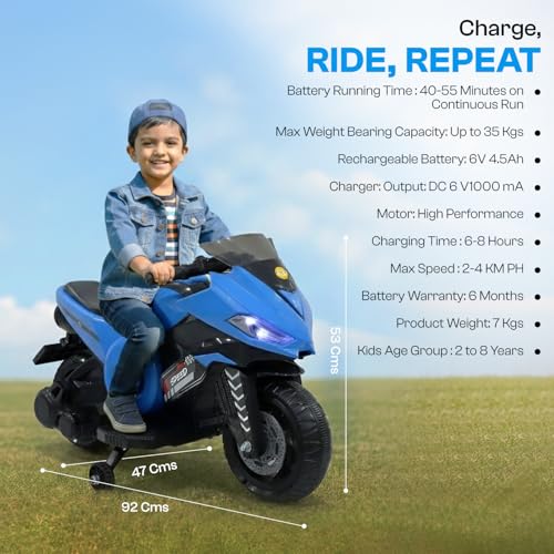 Image of Toyzone Speed Electric Bike (Blue) | 6V Rechargeable Bike with 4.5Ah Battery | LED Lights, Music, MP3 /USB /BT | Smooth Acceleration | 6M Battery Warranty | Age 2-8 Years, Upto 35 kg