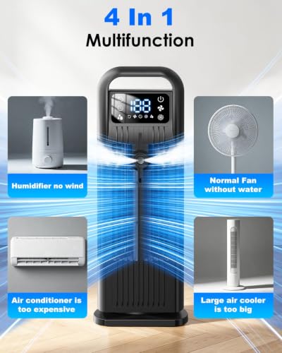Image of Portable Air Conditioner, 4 in 1 Evaporative Air Cooler with Remote Control, 1200ML Water Tank, 120 Oscillating, 4 Speeds, 12H Timer, Mist Spray Tower Fan for Home Office, Black