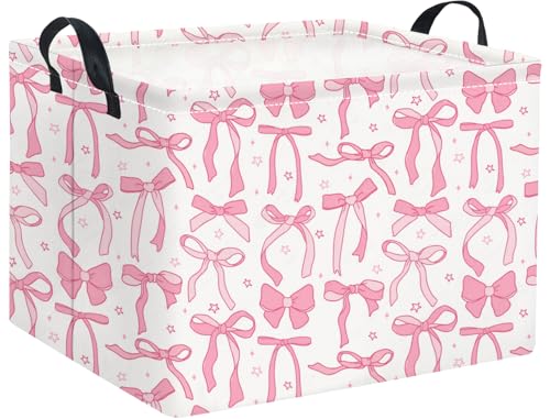 Image of Rectangular Kids Storage Basket for Home Kitchen Girls Cute Storage Bin Organizer Shelf Book Room Decor(Pink Bowknot)