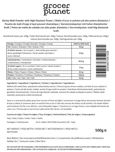 Grocer Planet - Diastatisches Backmalz (500g) | Gerstenmalzmehl mit hoher Diastatischer Kraft | Für bessere Hefegärung und Bräunung | Made in Italy
