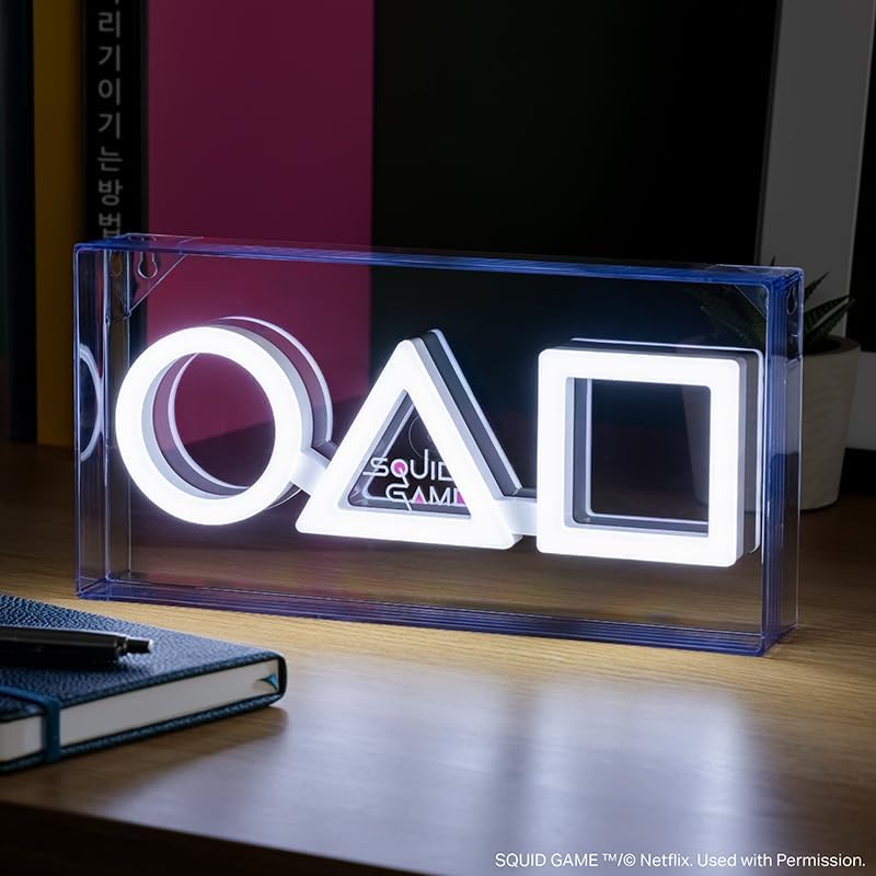 Image of Squid Game LED Logo Neon Light - Officially Licensed Merchandise, Acrylic Freestanding or Wall Mountable Iconic Shape Lights, Gaming Room Decor for Netflix Fans, Nightlight Gift for Bedroom | Paladone