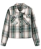 Shawnda Women's Fashion Cropped Shacket Button Down Flannel Shacket Jacket Casual Plaid Long Sleeve Crop Jacket Tops Green X-Large