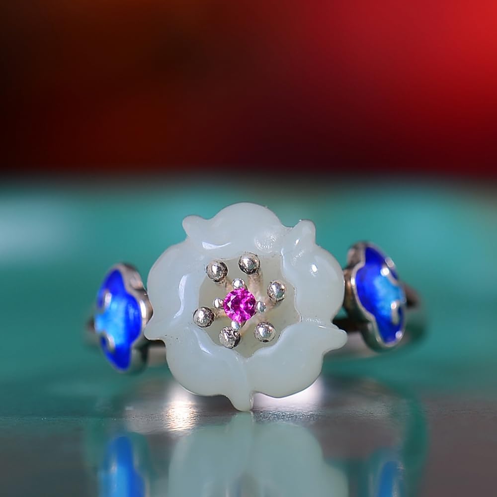 S925 Silver-Inlaid Natural White Jade Lotus Enamel Ring with Adjustable Opening and Including Certificate