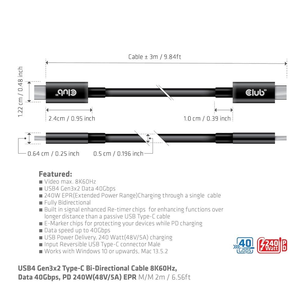 Club3D CAC-1579 USB4 Gen3x2 Tipo-C - Cable bidireccional 8K60Hz o 4K120Hz, Data 40Gbps, PD 240W (48V/5A) EPR St/St 3m