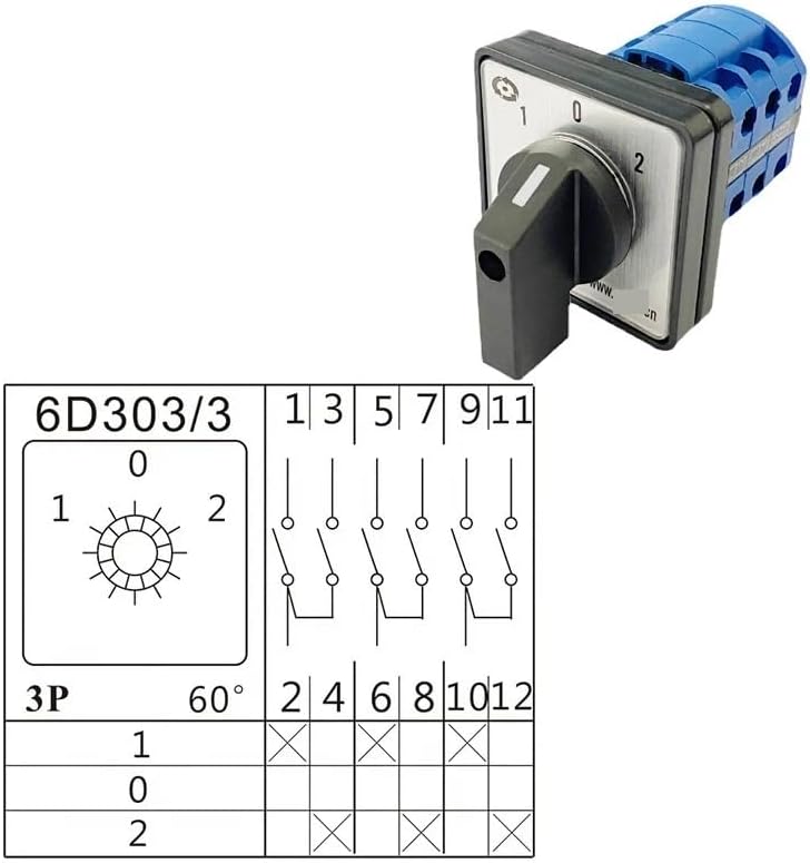 Rotary Cam Switch LW26-20 Changeover Selector with Center Off 1-0-2 Positions 3 Poles 48x48mm Panel