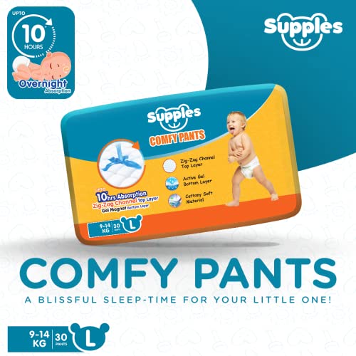 Image of Amazon Brand - Supples Comfy Diapers,Large (L),30 Count,9-14 Kg,10 Hrs Absorption&Cottony Soft Material Diaper Pants, Baby