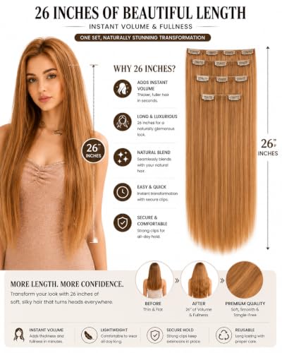 Image of Salon-Grade Clip-in Hair Extensions for Women, Imported Synthetic Hair, 6 PCS with 13 Secure Clips, Instant Volume, Natural Blend, Reusable Hair Volumizer (Golden Brown, Straight)