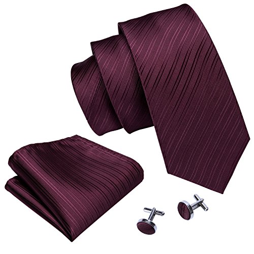 Image of Barry.Wang Solid Striped Tie for Men Silk Necktie Pocket Square Cufflinks Formal Wedding Party Business