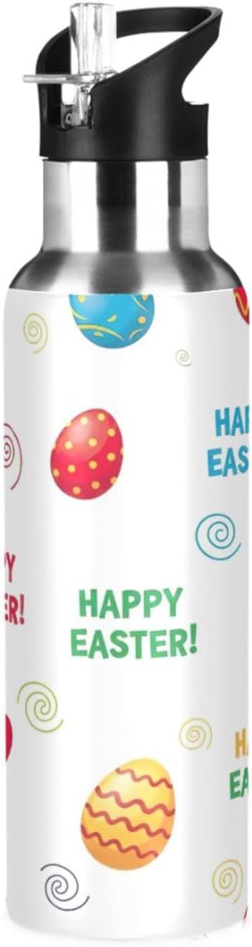 Colorful Easter Eggs White Insulated Water Bottle 32 Oz Leakproof Water Bottles, BPA-Free Sports Water Bottle with Straw
