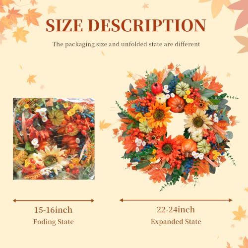 Fall Wreaths for Front Door 24", Fall Door Wreath with 3 Color Sunflowers — view 3
