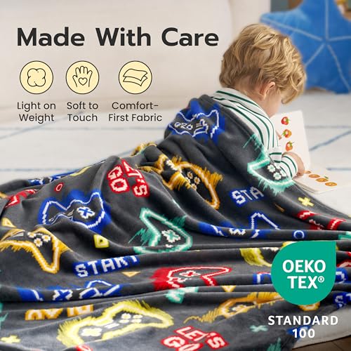 Joiedomi Glow in The Dark Gaming Blanket Gamer Gifts for Boys Age 2 3 4 5 6 7 8 9 10 11 12 Year Old, Soft Cozy Flannel Kids Throw Blanket, Birthday Bedroom Decor Grey 50"×60" by Joiedomi - Used condition - Image 4