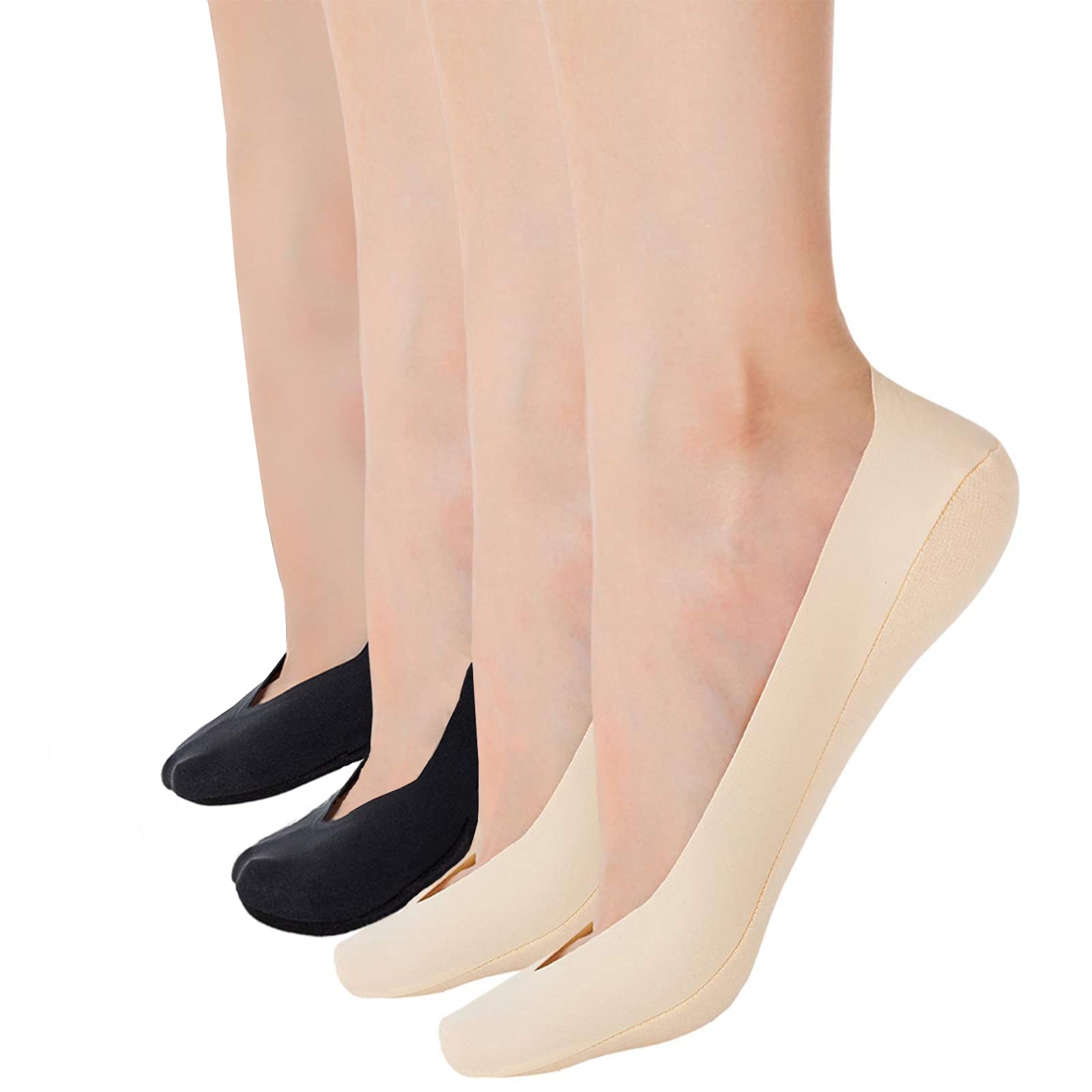 KASTWAVEWomen's Thin Socks Ice silk skin tone Cotton Nylon Low Cut Liner Non Slip hidden Invisible Socks for Flats Boat Sneaker, Womens No Show Thin Socks (2 Pack Skin Tone + 2 Pack Black)