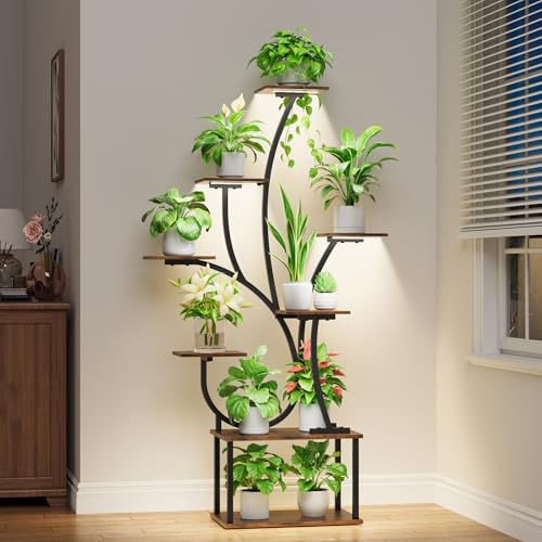 Image of Plant Stand Indoor with Grow Lights - Lighted Plant Shelf Indoor, 63 inch Tall Plant Stands for Indoor Growing, 8 Tier Corner Flower Display Shelf, Large Tree-Shaped Holder for Living Room Bedroom Black