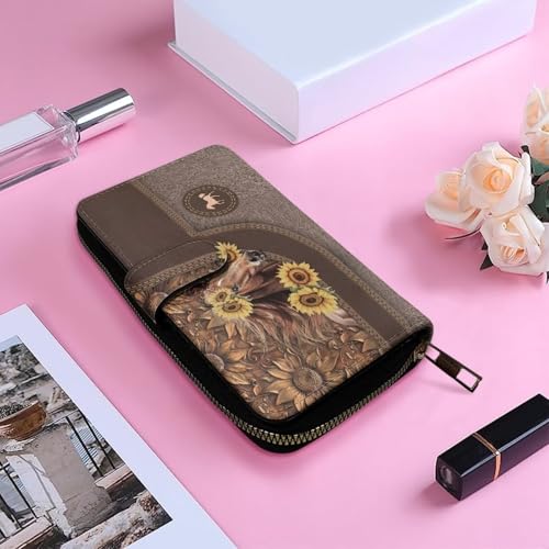 Image of COEQINE Ladies Wallets Pink Leopard Heart Black Printed Leather Phone Long Clutch Purses Check Coin Change Holder