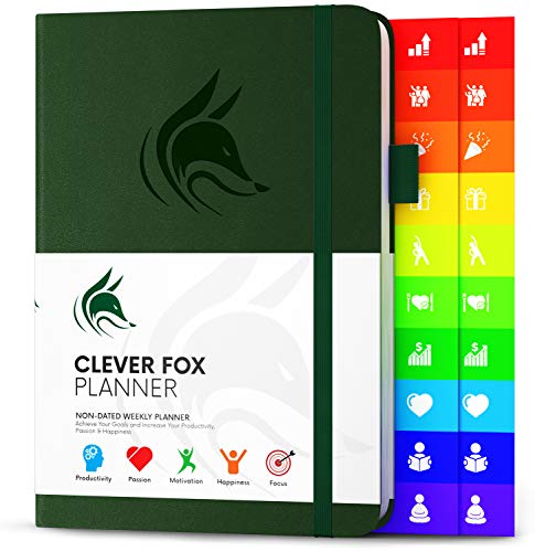 Der Clever Fox Planer - Kalender Notizbuch Organizer Tagebuch zur Steigerung von Produktivität, Motivation, Achtsamkeit, Glück, Erfolg und Zielerreichung, Undatiert, A5 - Waldgrün Cover
