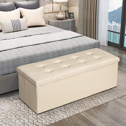 KINGSO 43" Ottoman with Storage Benches for Dedroom, Large Folding Faux Leather Toy Chest, Storage Chest Footrest Padded Seat for Entryway, Bedroom, Support 660lbs(Beige)