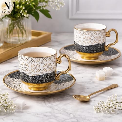Image of NFI essentials Ceramic Cup & Saucer Set of 6 Pcs, Tea /Coffee Cup, Microwave & Dishwasher Safe, Premium Mug Perfect for Daily Use, Office, Gifting Elegant Golden Color Design 200ML