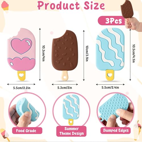 Image of 3Pcs Summer Silicone Teether Toy for Babies, Ice Cream Teething Toys