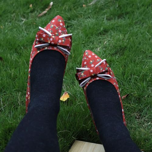 Pointy Toe Dressy Flats Shoes for Women Comfortable, Adorable Embroidered Bows, Red Cushioned Dance Shoes for Christmas4